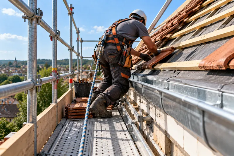 Couvreur sur un échafaudage avec garde-corps, travaillant en bas de pente d’une toiture en cours de réfection