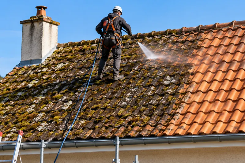 Couvreur encordé nettoyant une toiture en tuiles : une moitié couverte de mousse, l’autre déjà propre