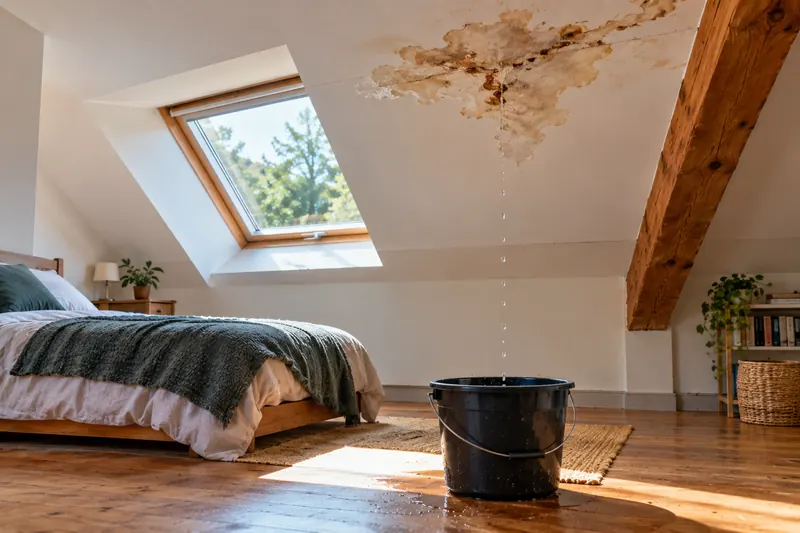 Fuite de toiture dans une chambre sous les combles : tache au plafond et seau au sol