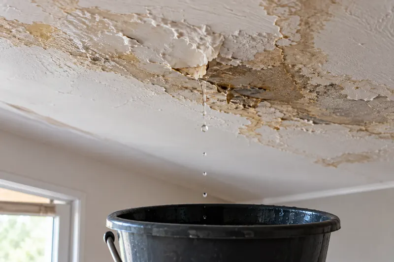 Tache d’infiltration au plafond et goutte d’eau tombant dans un seau