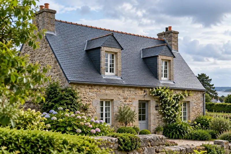 Maison en pierre au toit d’ardoises avec deux lucarnes
