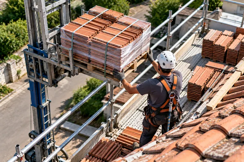 Palette de tuiles neuves hissée par un monte-matériaux jusqu’à l’échafaudage et réceptionnée par un couvreur