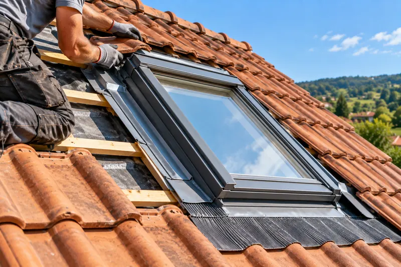 Couvreur installant une fenêtre de toit et son raccord d’étanchéité dans une toiture en tuiles