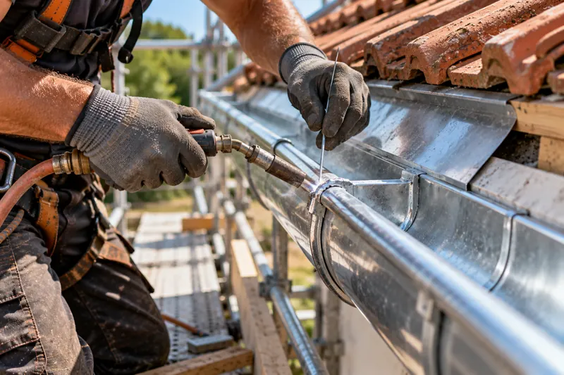 Soudure d’une jonction de gouttière en zinc depuis l’échafaudage