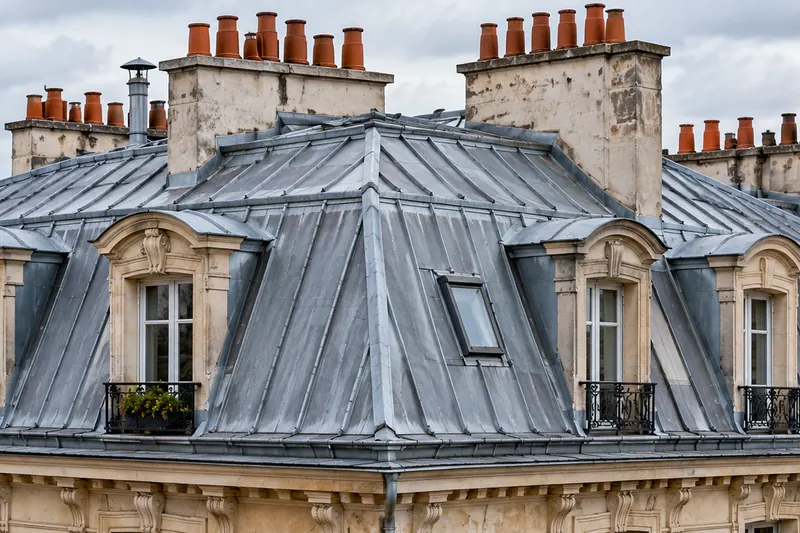 Toits mansardés en zinc et souches de cheminée coiffées de mitrons en terre cuite