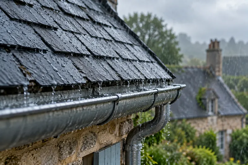 Toiture en ardoises sous la pluie, l’eau s’écoulant dans une gouttière en zinc