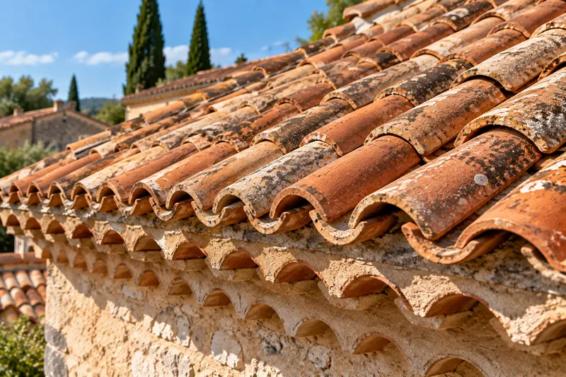 Toiture en tuiles canal anciennes avec une génoise en bas de pente, sur un mur en pierre